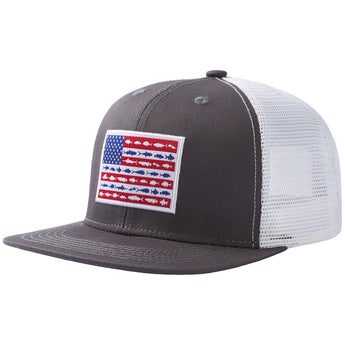 Unisex Flat Brim Trucker Cap - Charcoal Grey Fish Flag1 - Bassdash