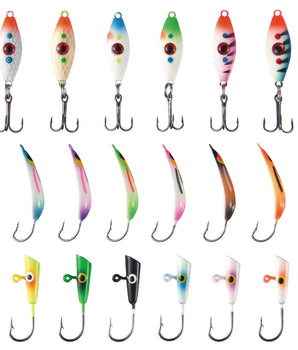 Ice Fishing Lure Kit Glowing Paint Jigs, 18pcs assorted perch/walleye/pike jigs - Bassdash