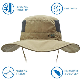 Unisex UPF 50+ Wide Brim Bucket Hat with Detachable Neck Flap FH02 - Bassdash