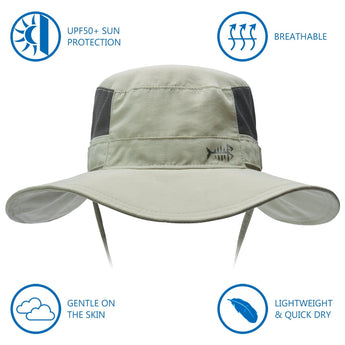 Unisex UPF 50+ Wide Brim Bucket Hat with Detachable Neck Flap FH02 - Bassdash