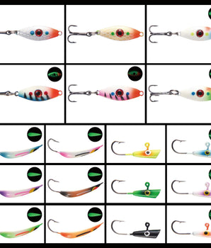 Ice Fishing Lure Kit Glowing Paint Jigs, 18pcs assorted perch/walleye/pike jigs - Bassdash