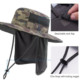 Unisex UPF 50+ Wide Brim Bucket Hat with Detachable Neck Flap FH02 - Bassdash