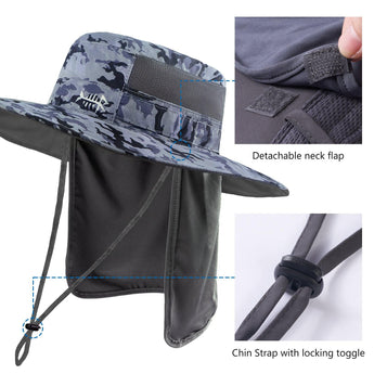 Unisex UPF 50+ Wide Brim Bucket Hat with Detachable Neck Flap FH02 - Bassdash