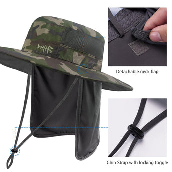 Unisex UPF 50+ Wide Brim Bucket Hat with Detachable Neck Flap FH02 - Bassdash