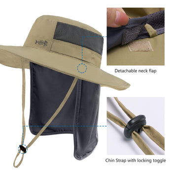 Unisex UPF 50+ Wide Brim Bucket Hat with Detachable Neck Flap FH02 - Bassdash