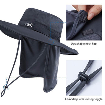Unisex UPF 50+ Wide Brim Bucket Hat with Detachable Neck Flap FH02 - Bassdash