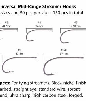 150 pcs Universal Mid-Range Streamer Fly Fishing Hooks - Bassdash
