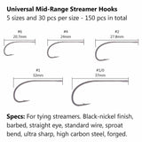 150 pcs Universal Mid-Range Streamer Fly Fishing Hooks - Bassdash