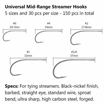 150 pcs Universal Mid-Range Streamer Fly Fishing Hooks - Bassdash