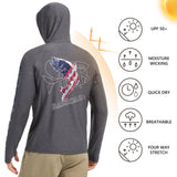 Gray hoodie with fish design on the back, featuring outdoor product icons and text.
