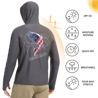 Gray hoodie with fish design on the back, featuring outdoor product icons and text.