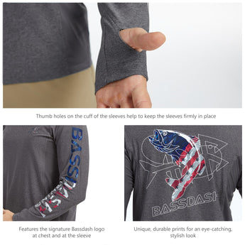 Gray long-sleeve shirt with thumb holes and Bassdash logo and fish design.