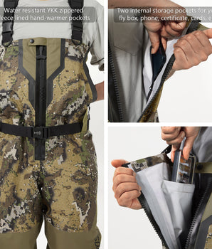 Bassdasg Camouflage hunting pants with YKK zippers and storage pockets, shown on a person.