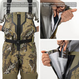 Bassdasg Camouflage hunting pants with YKK zippers and storage pockets, shown on a person.