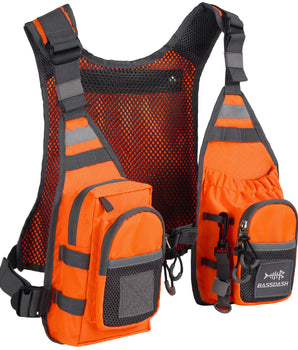 Bassdash camouflage patterned fishing vest with multiple pockets and gear attachments, designed for men and women.