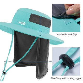 Unisex UPF 50+ Wide Brim Bucket Hat with Detachable Neck Flap FH02 - Bassdash
