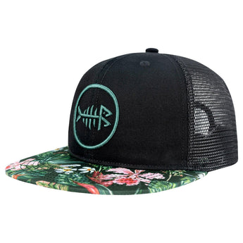 Unisex Flat Brim Trucker Cap - BlackTropical Flower1 - Bassdash