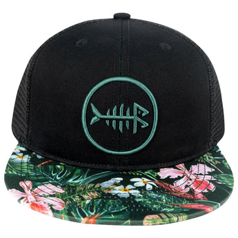 Unisex Flat Brim Trucker Cap - BlackTropical Flower2 - Bassdash