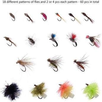 32/60/62 Pcs Fly Fishing Flies Barbed or Barbless Trout Grayling - Bassdash
