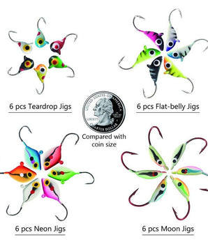 Ice Fishing Lure Kit Glowing Paint Jigs - 24 pcs assorted crappie/panfish/perch jigs - Bassdash